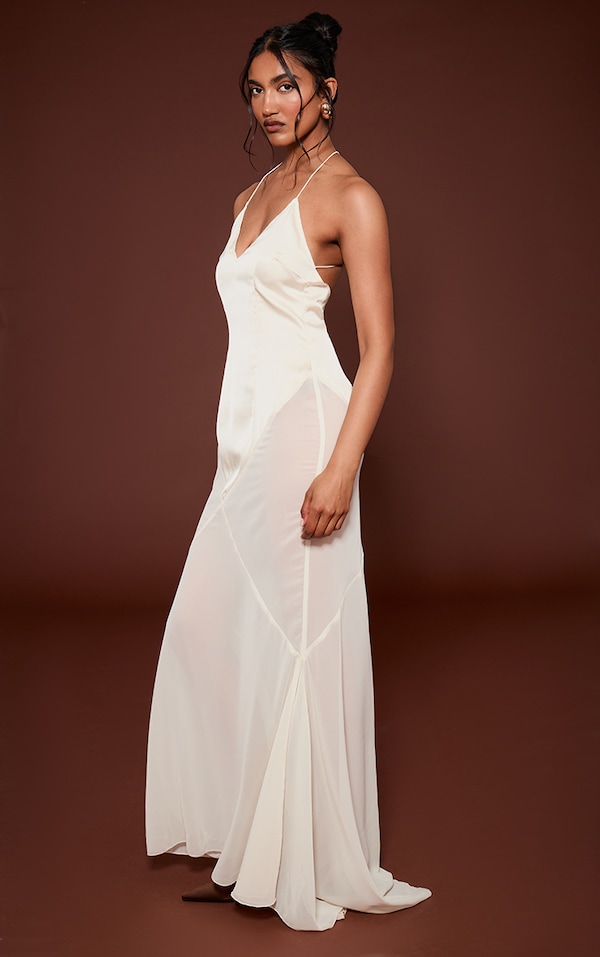 Oyster Satin Contrast V Neck Maxi Dress