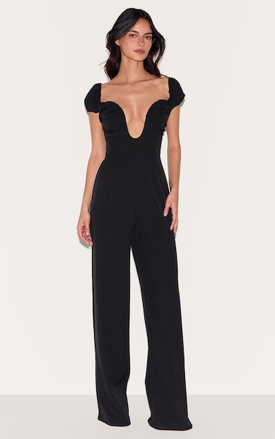 Black Woven Plunge Straight Leg Jumpsuit