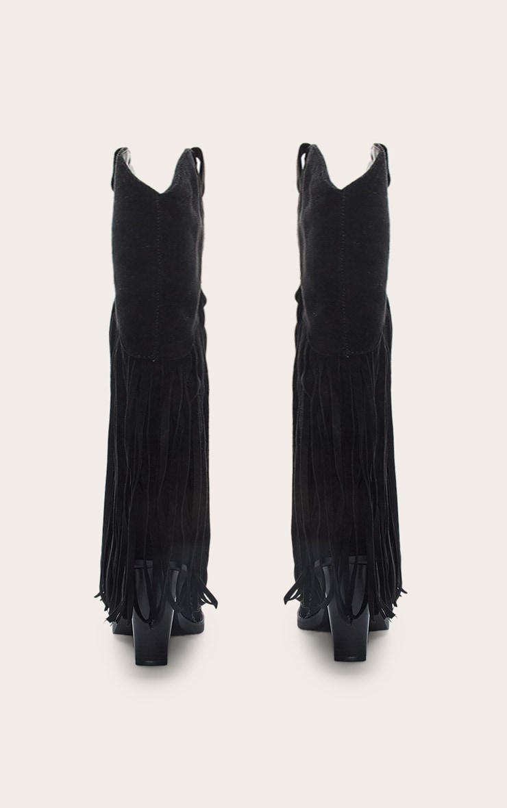 Santiags hautes ponitues en suédine noire à talon et franges image 4