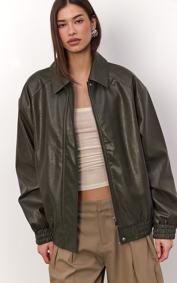 Khaki Embossed Back Faux Leather Biker Jacket image 3