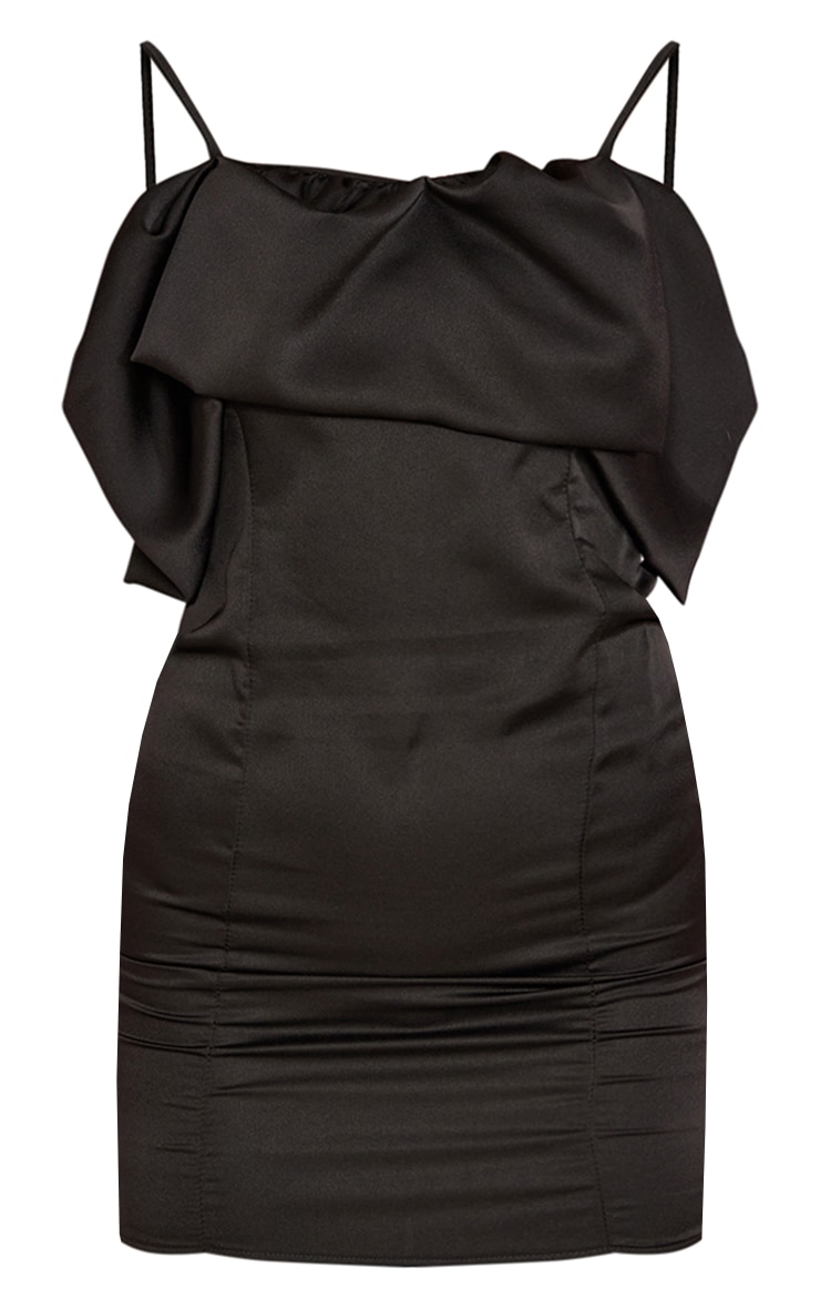 Black Satin Ruffle Detail Strappy Bodycon Dress image 5