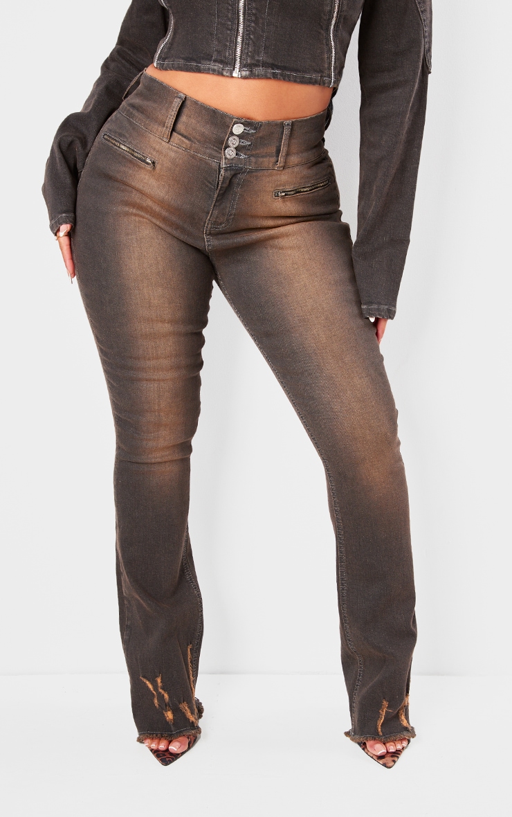 Shape Washed Brown Denim High Waisted Ripped Hem Jeans image 2