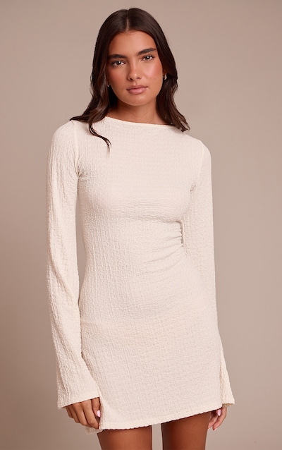Cream Textured Boat Neck Long Sleeve Shift Dress