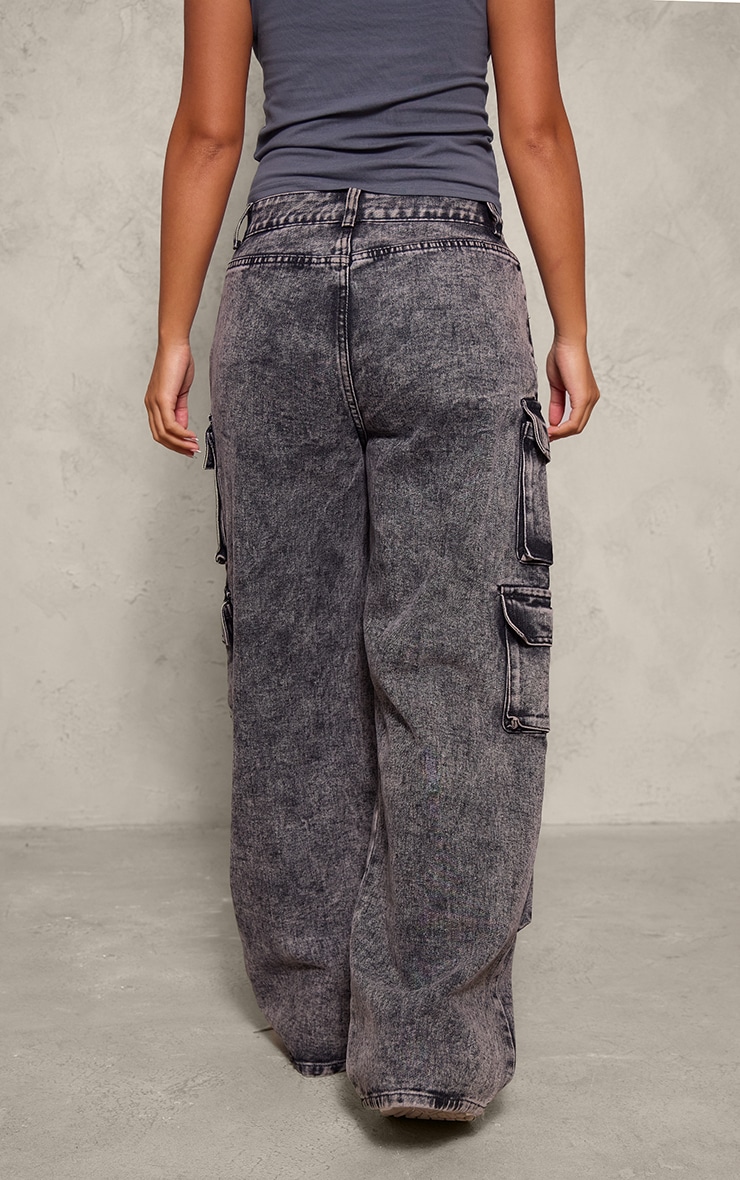 Petite Washed Black Denim Cargo Wide Leg Jeans image 3