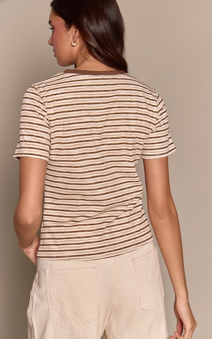 Light Brown Soft Rib Striped Detail  Fitted Short Sleeve Top  image 2