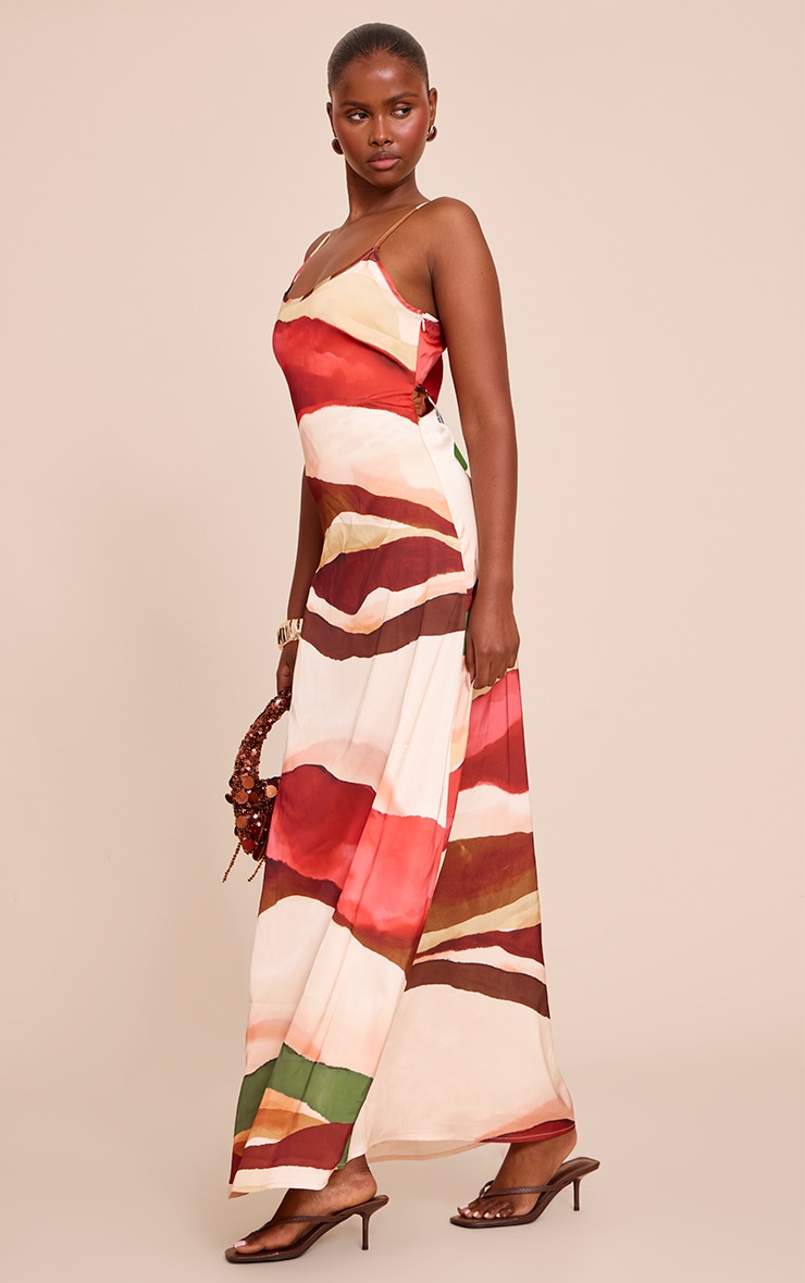 Cream Abstract Satin Scoop Neck Spaghetti Strap Maxi Dress image 3