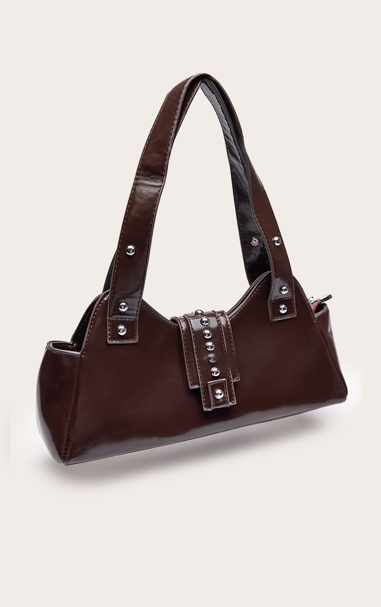 Chocolate Plum Crinkle Faux Leather Dome Stud Shoulder Bag image 3