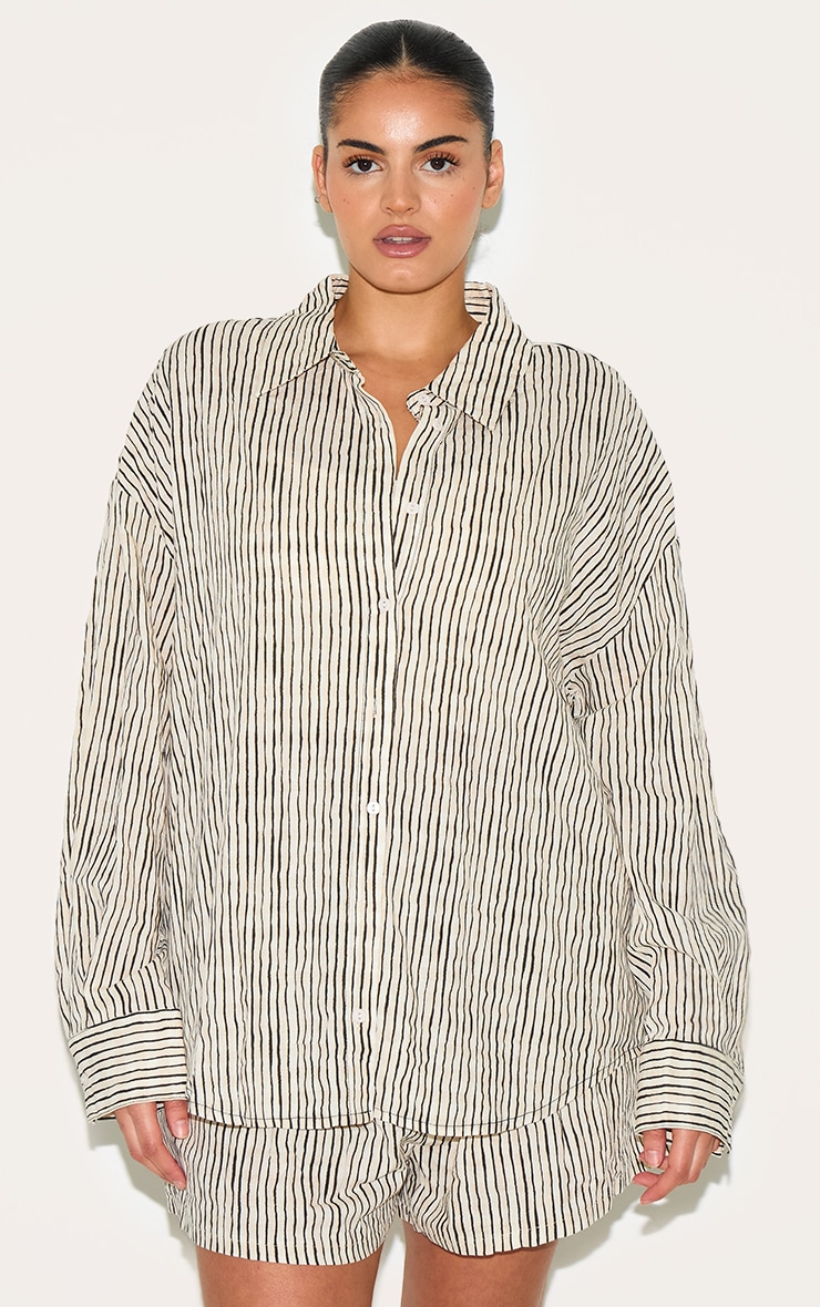Plus Black Striped Linen Long Sleeve Shirt image 1