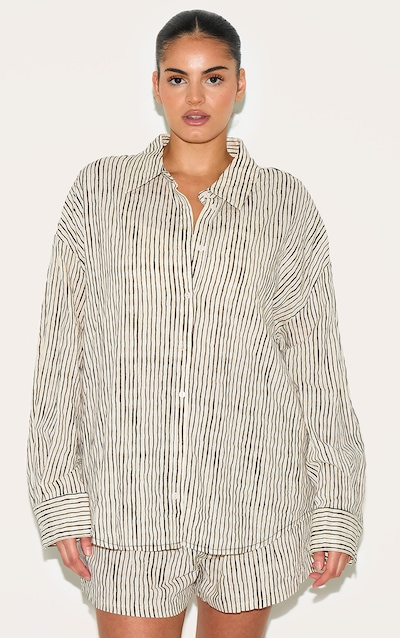 Plus Black Striped Linen Long Sleeve Shirt