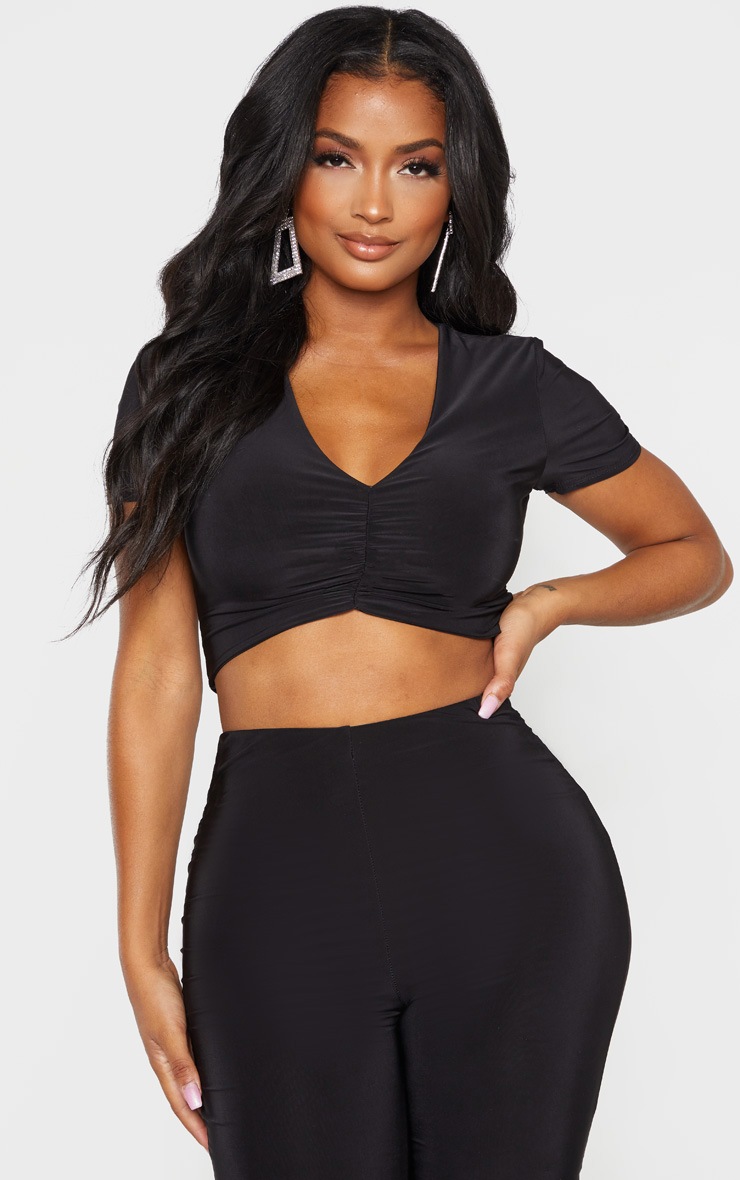 Shape Black Ruched Front Slinky Crop Top