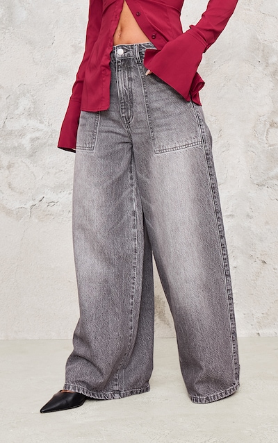 Washed Grey Mid Rise Wide Leg Jeans
