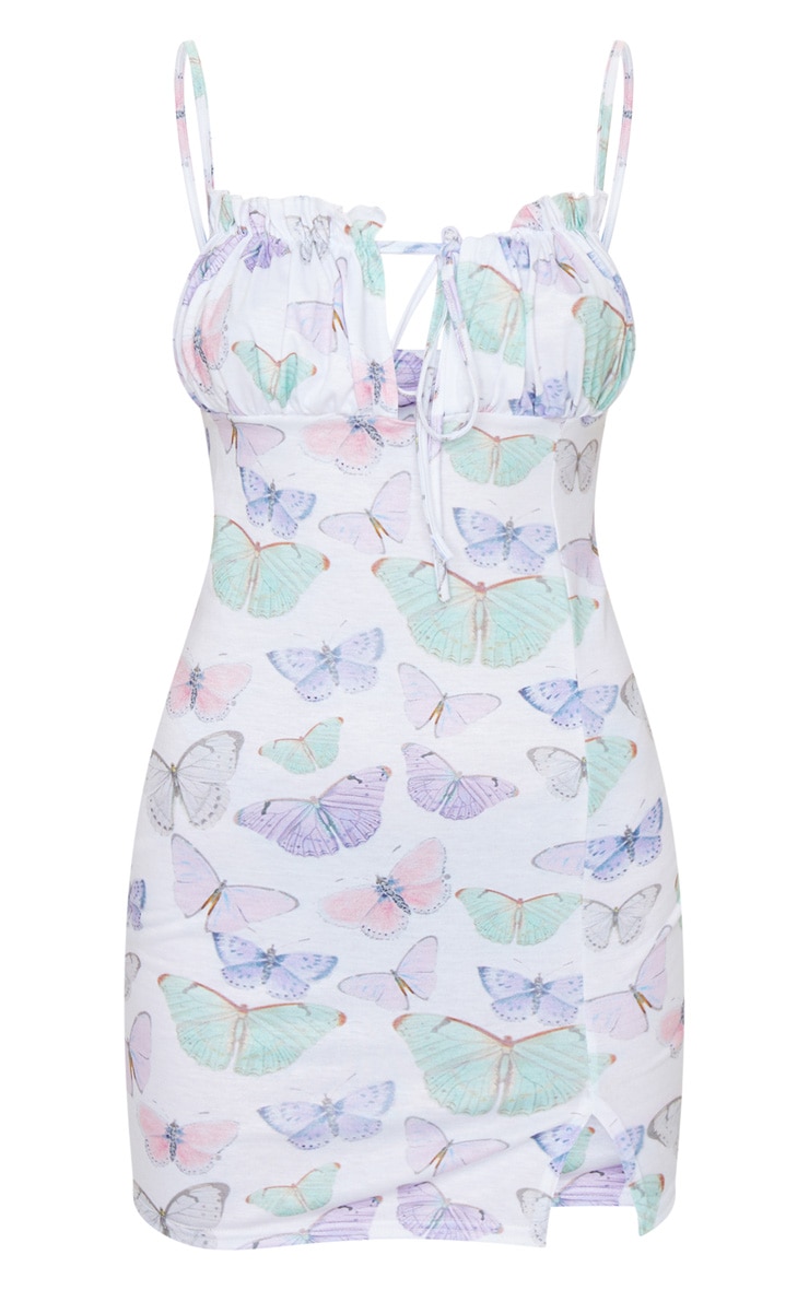 White Butterfly Print Tie Bust Strappy Split Front Shift Dress image 1