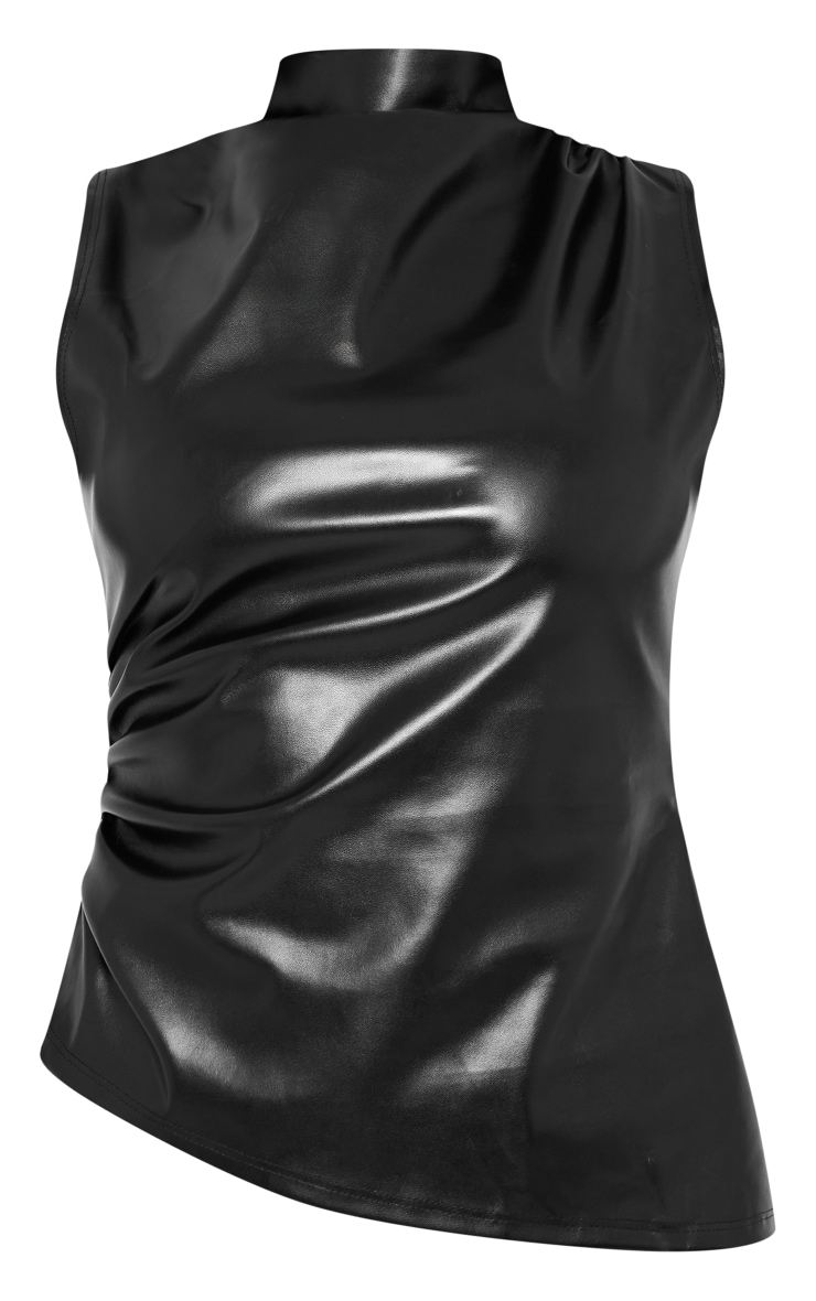 Black Faux Leather High Neck Asymmetric Hem Side Ruch Top image 5