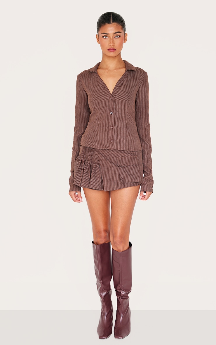 Dark Brown Peach Skin Pinstripe Woven Long Sleeve Cargo Shirt image 3