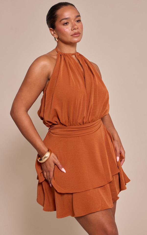 Shape Rust Hammered Satin Tiered Hem Mini Dress