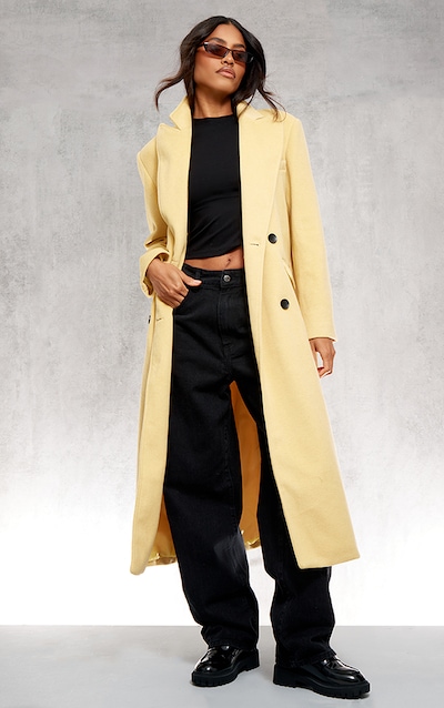 Butter Yellow Shoulder Padded Double Breasted Brushed Faux Wool Coat