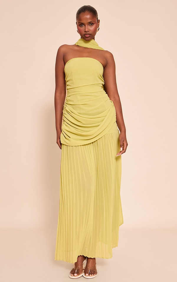 Lime Chiffon Scarf Detail Bandeau Ruched Maxi Dress