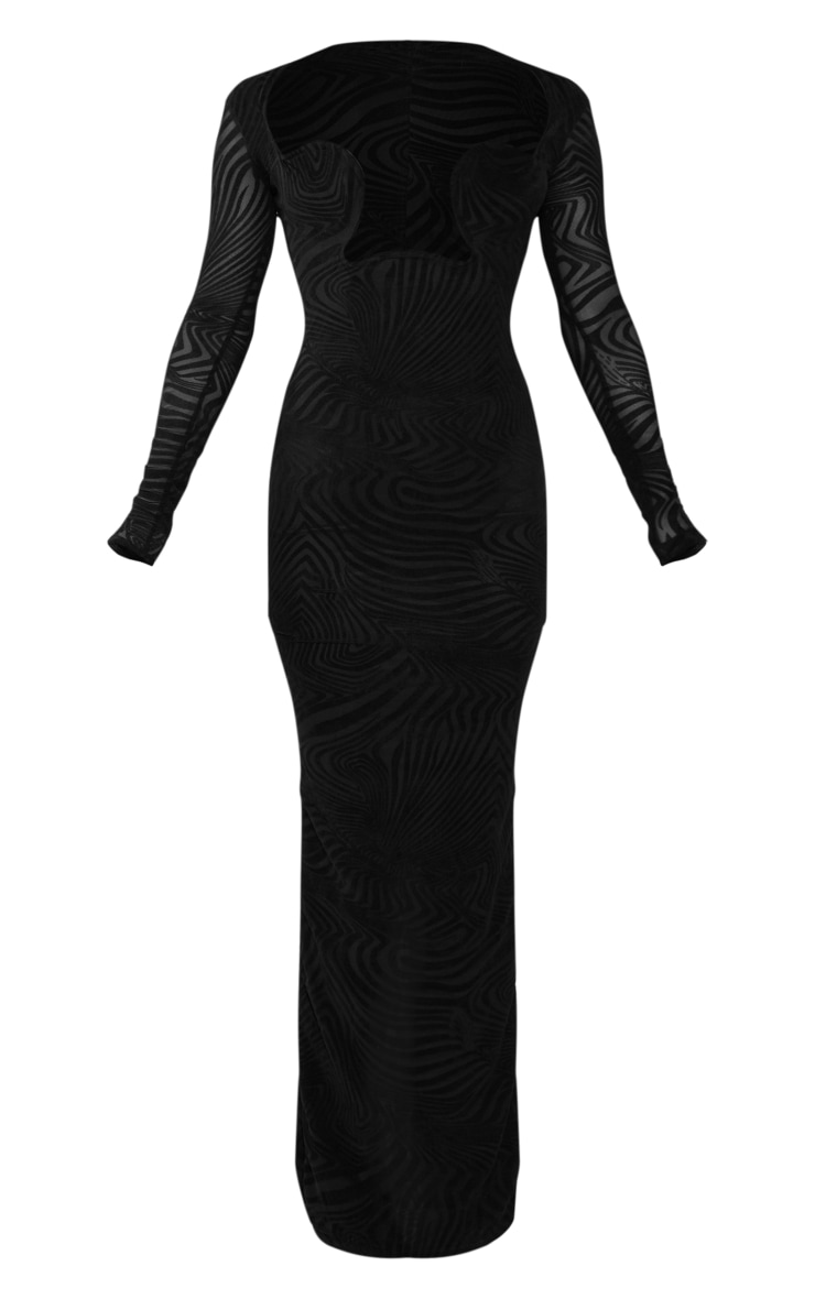 Black Zebra Flocked Mesh Wire Detail Long Sleeve Maxi Dress image 5
