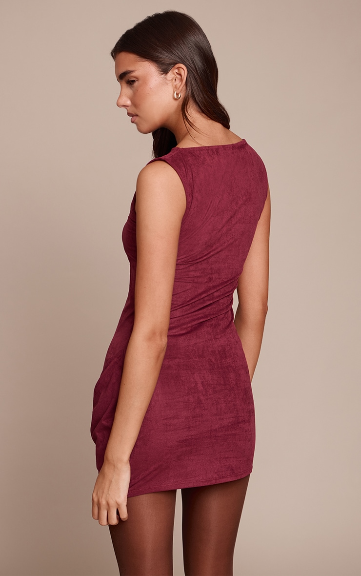 Wine Suede Drape Detail Bodycon Dress image 2