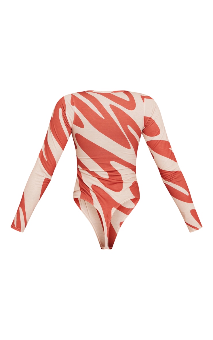 Brown Abstract Print Basic Crew Neck Long Sleeve Bodysuit image 5