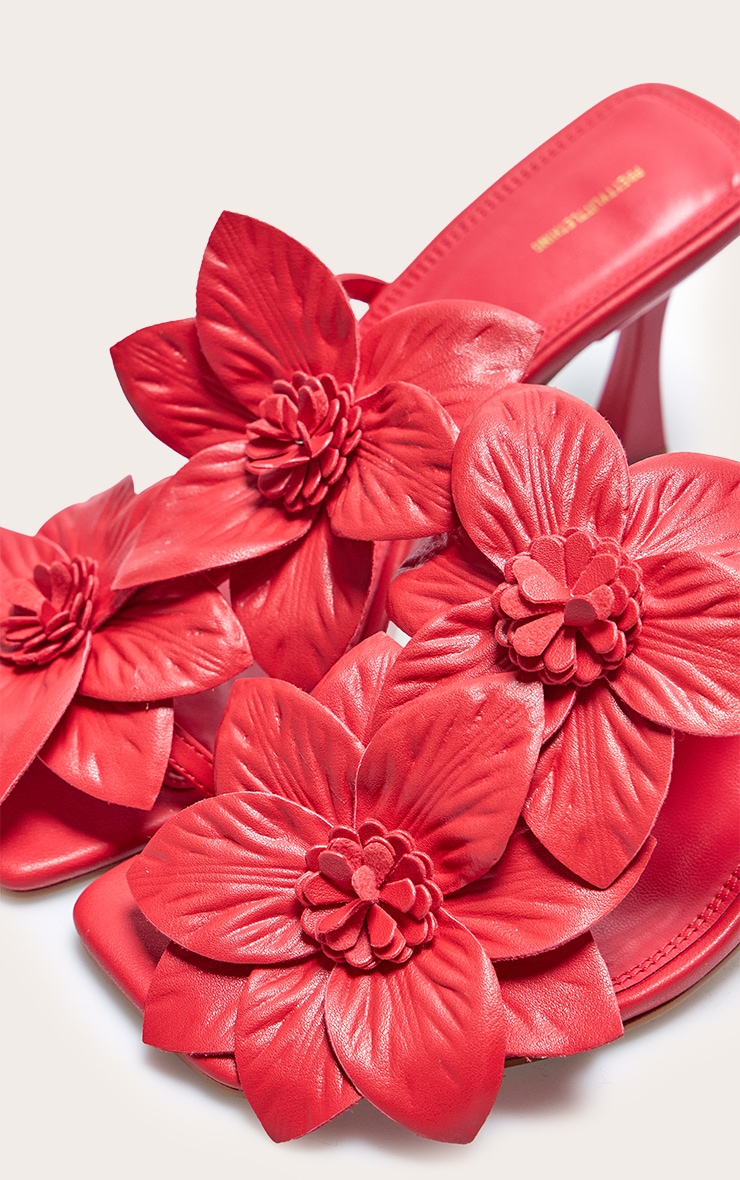 Red Pu Square Toe Multi Flower Detail Mid Stiletto Heeled Mules image 4