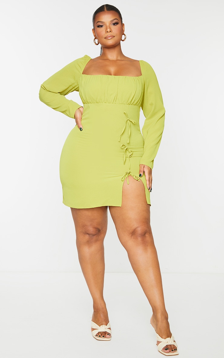 Plus Chartreuse Bow Detail Side Split Bodycon Dress