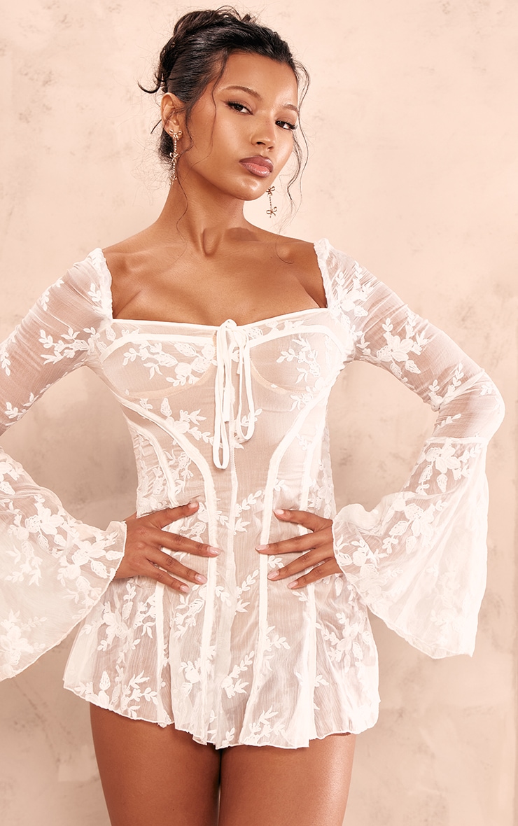 White Lace Flared Sleeve Binding Detail Romper image 4