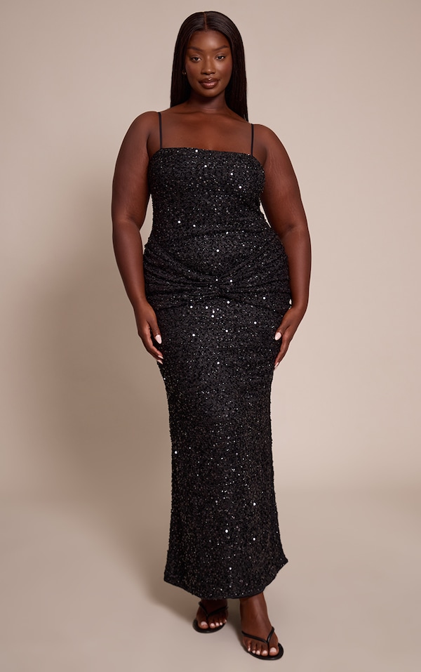 Plus Robe longue noire à bretelles fines et détail drapé