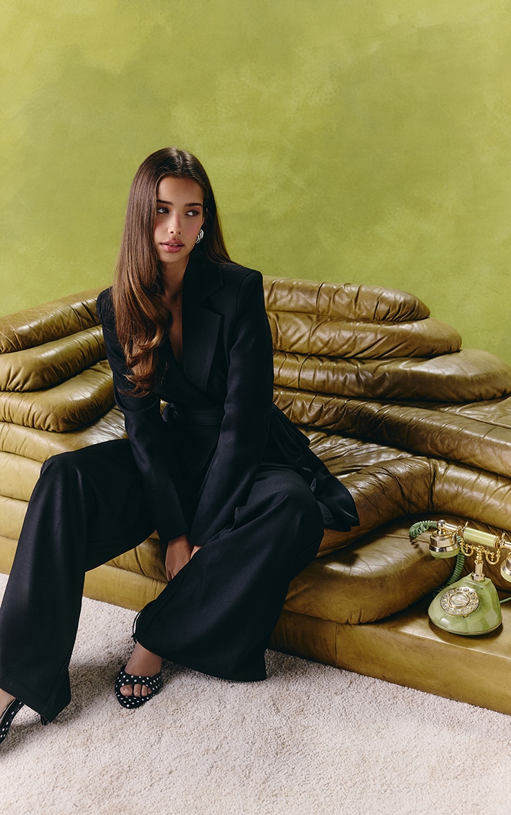 Black Woven Oversized Satin Belted Blazer image 4