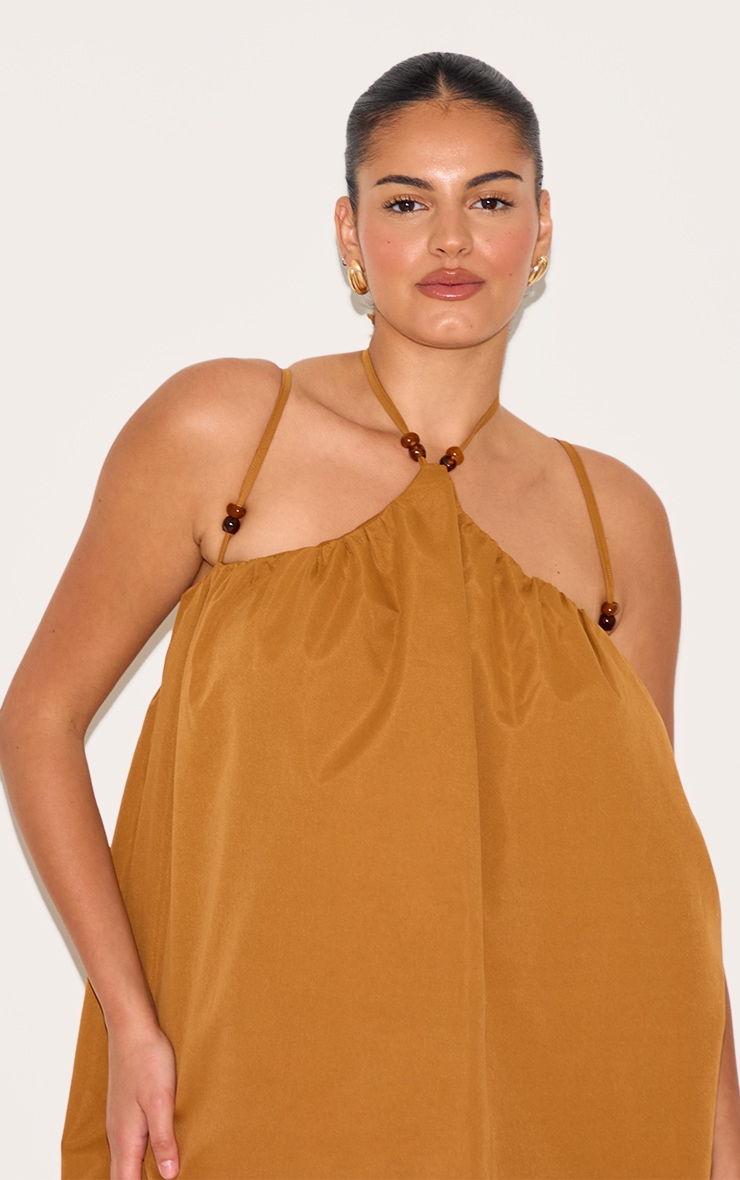 Plus Dark Ochre Halterneck Bead Detail Puffball Dress image 4