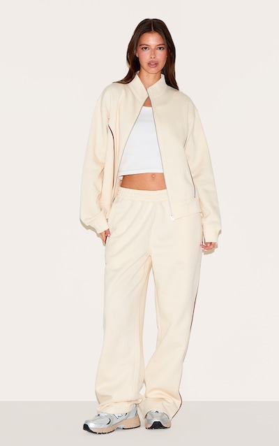 Cream Wide Leg Contrast Seam Track Pants