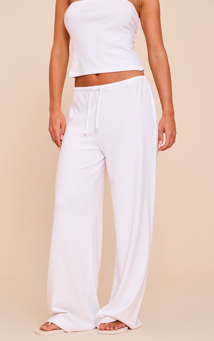  Petite Cream Modal Ribbed Wide Leg Drawstring Pants image 2