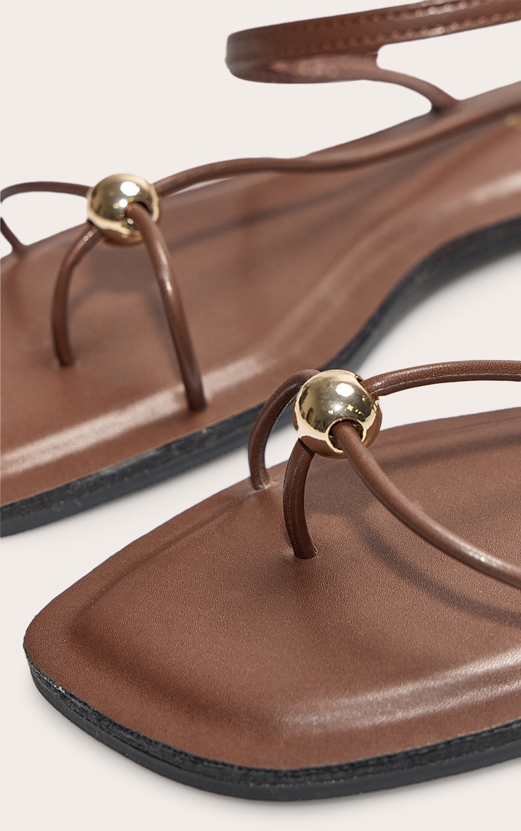 Chocolate Pu Square Toe Thong Chocolate Trim Flat Sandals image 4
