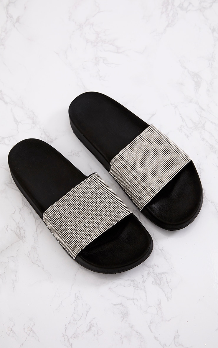 Black Diamante Sliders Shoes PrettyLittleThing