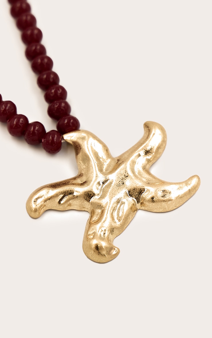 Burgundy Beaded Necklace With Brushed Textured Oversized Starfish Pendant image 3