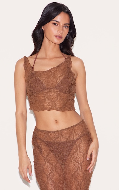 Top de plage asymétrique en mesh texturé chocolat à détail noué
