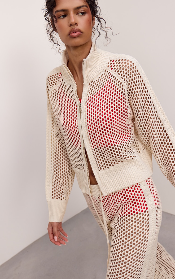 Cream Crochet Knit Stripe Detail Track Cardigan