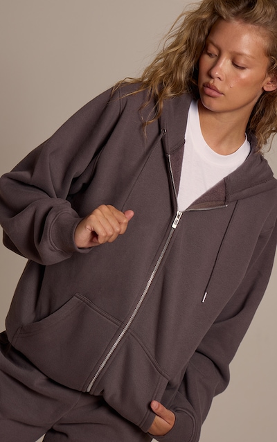 Hoodie oversize en coton polaire gris anthracite à zip