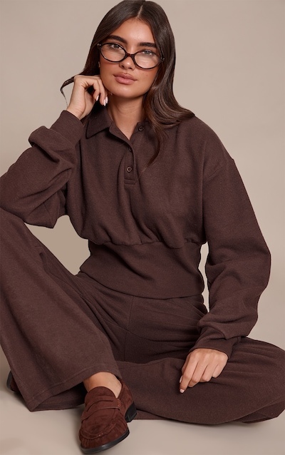 Chocolate Brushed Rib Elasticated Balloon Sleeve Polo Top