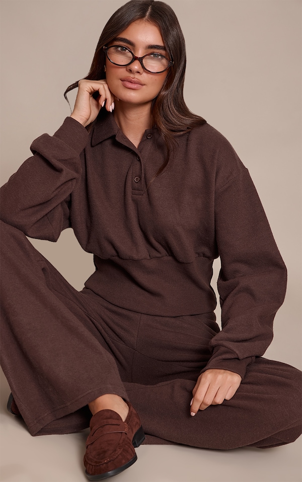 Chocolate Brushed Rib Elasticated Balloon Sleeve Polo Top