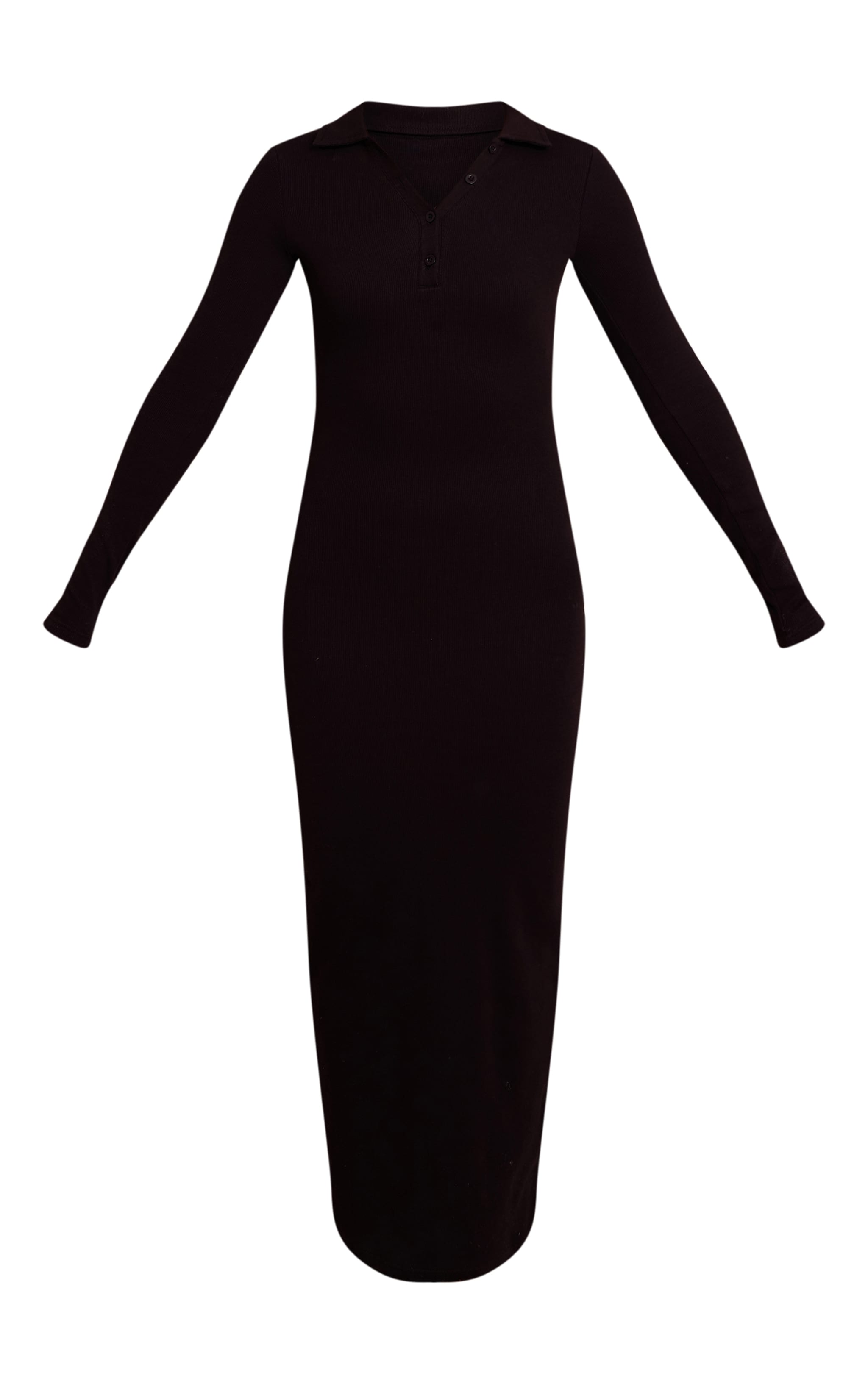 Black Ribbed Button Down Collar Detail Long Sleeve Maxi Dress image 5