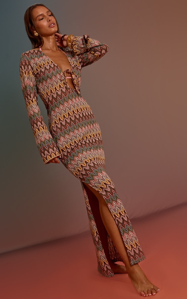 Multi Jacquard Long Sleeve Beach Maxi Dress image 3