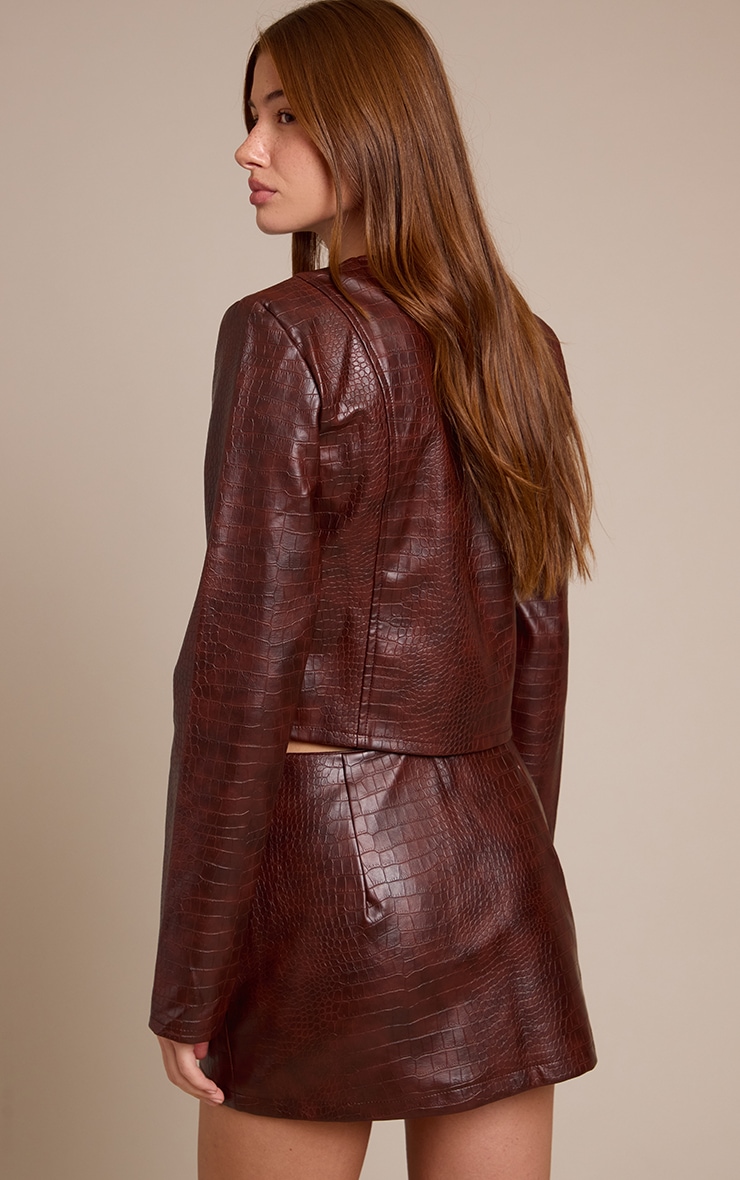 Dark Brown Croc Faux Leather Gold Trim Cropped Jacket image 2