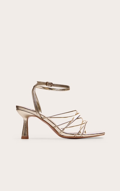 Gold PU Metallic Square Toe Cross Over Strappy Mid Heeled Sandals