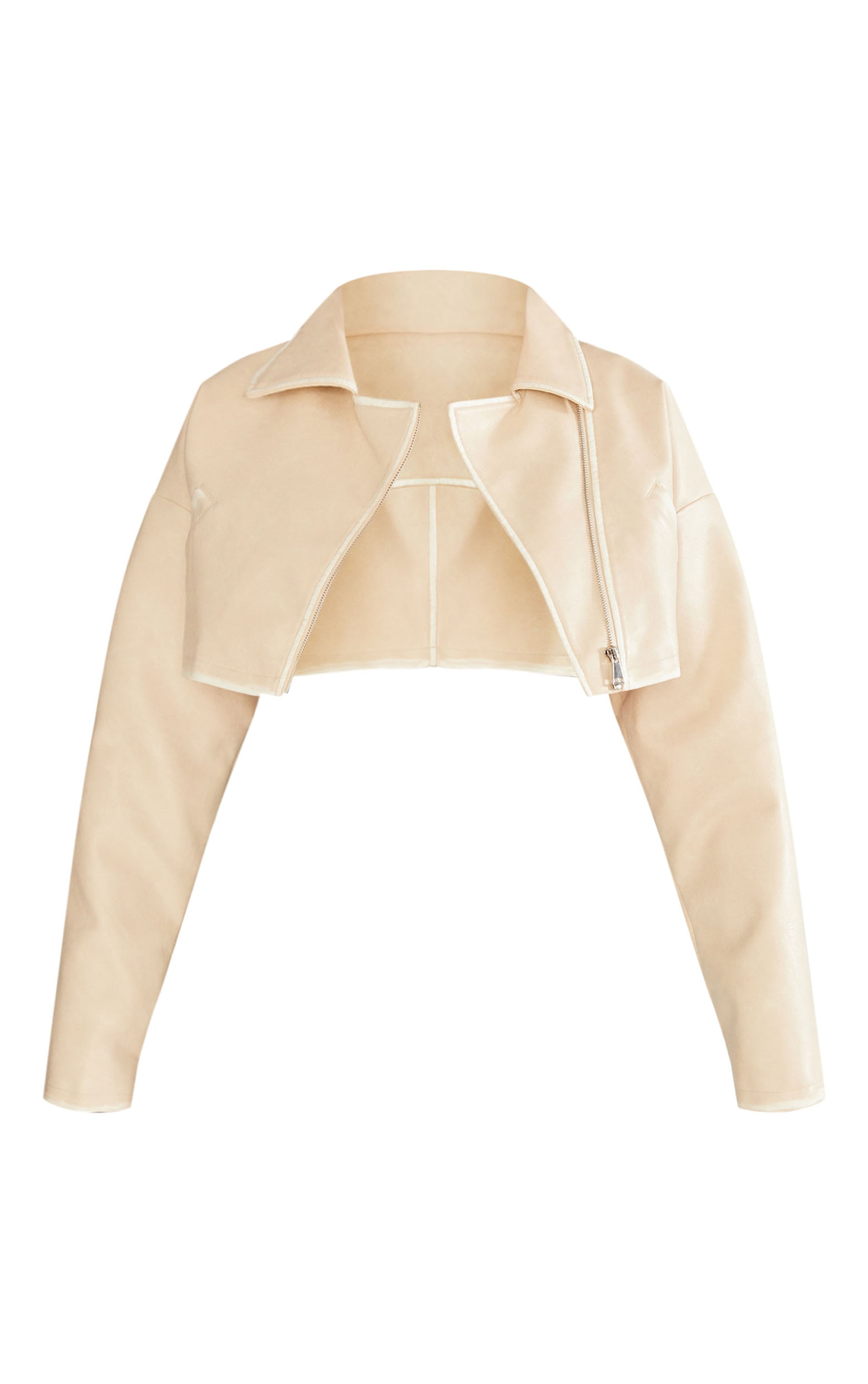 Cream Worn Faux Leather Boxy Cropped Jacket image 5