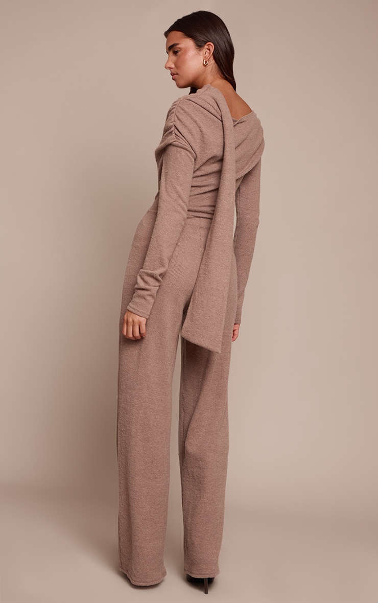 Oatmeal Ribbed Asymmetric Neck Wide Leg Jumpsuit image 2