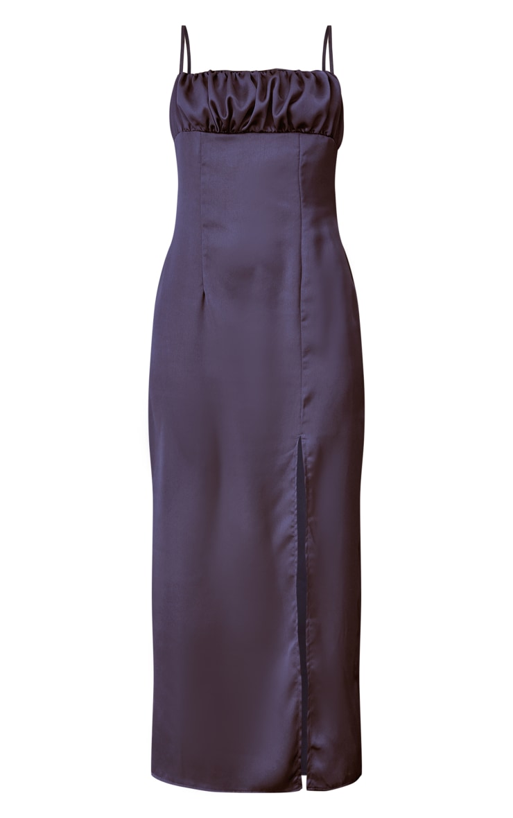  Navy Ruched Bust Split Satin Midi Slip Dress image 5