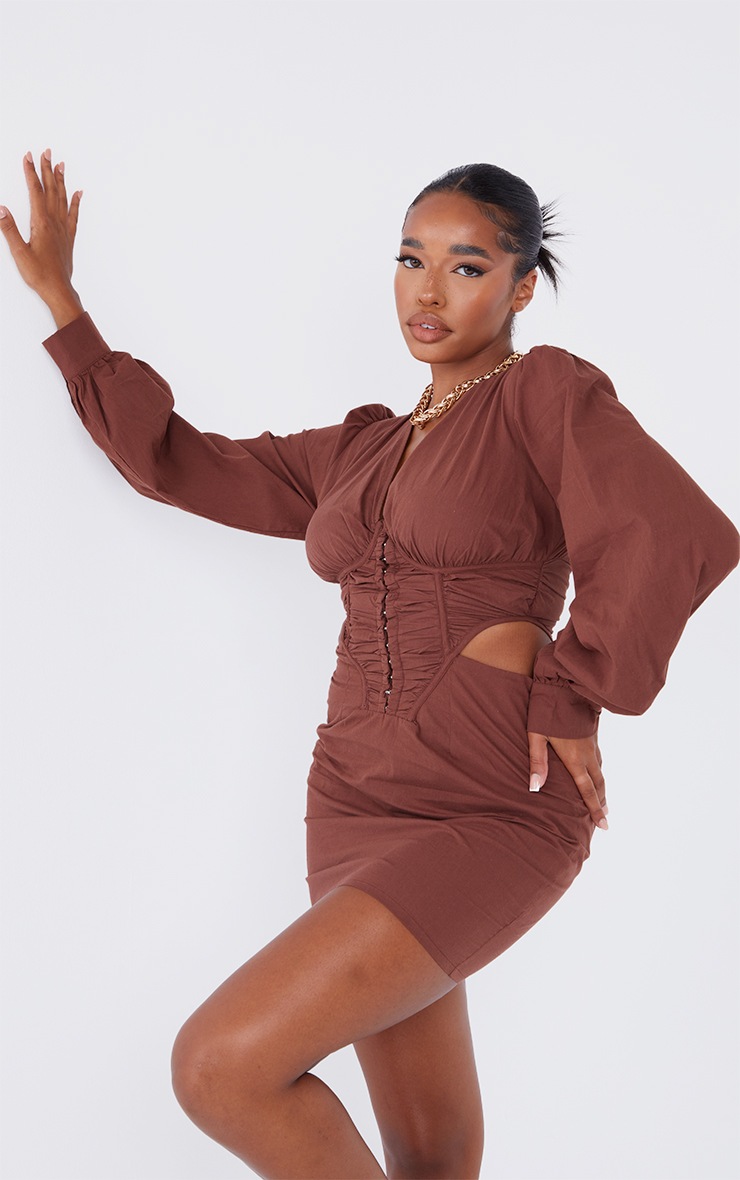 Chocolate Long Sleeve Hook & Eye Ruched Cut Out Bodycon Dress image 3