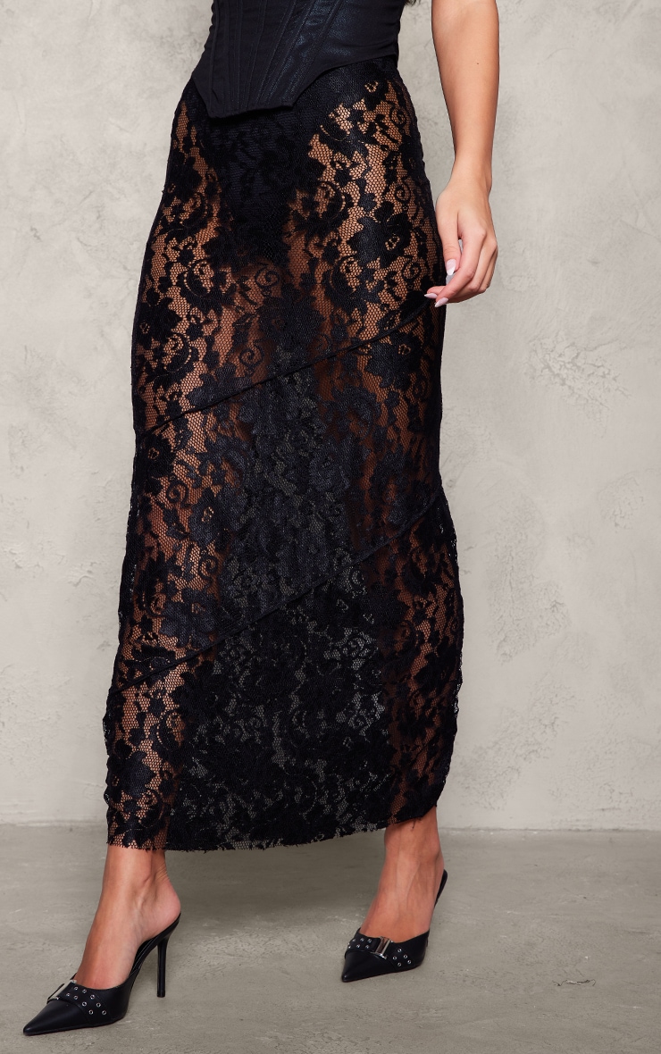 Black Seam Detail Lace Maxi Skirt image 2