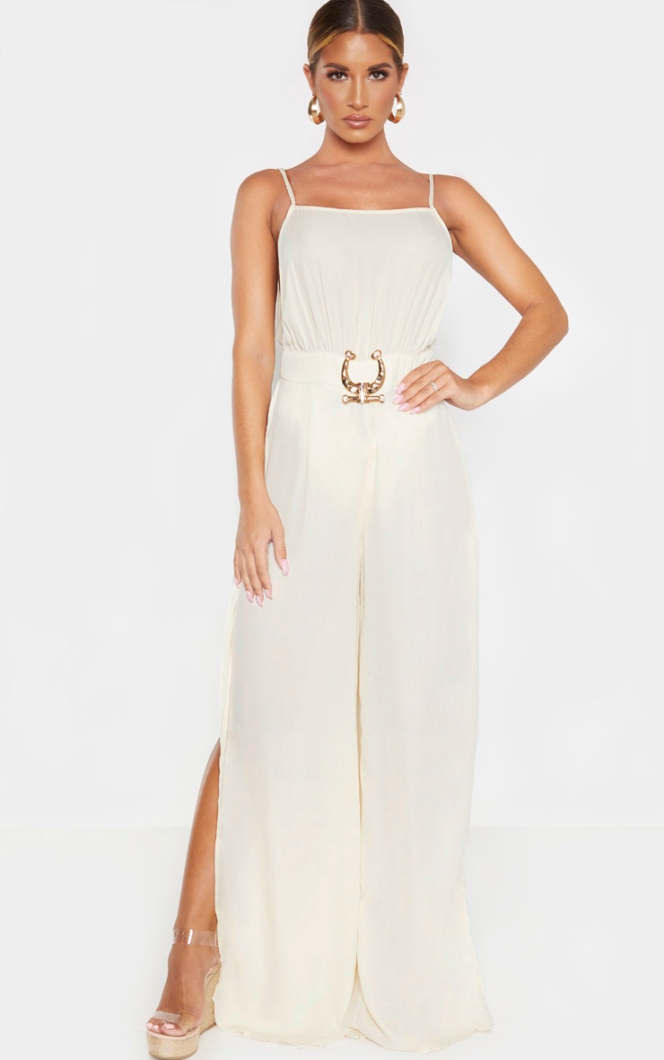 Cream Hammered Trim Belted Maxi Beach Jumpsuit